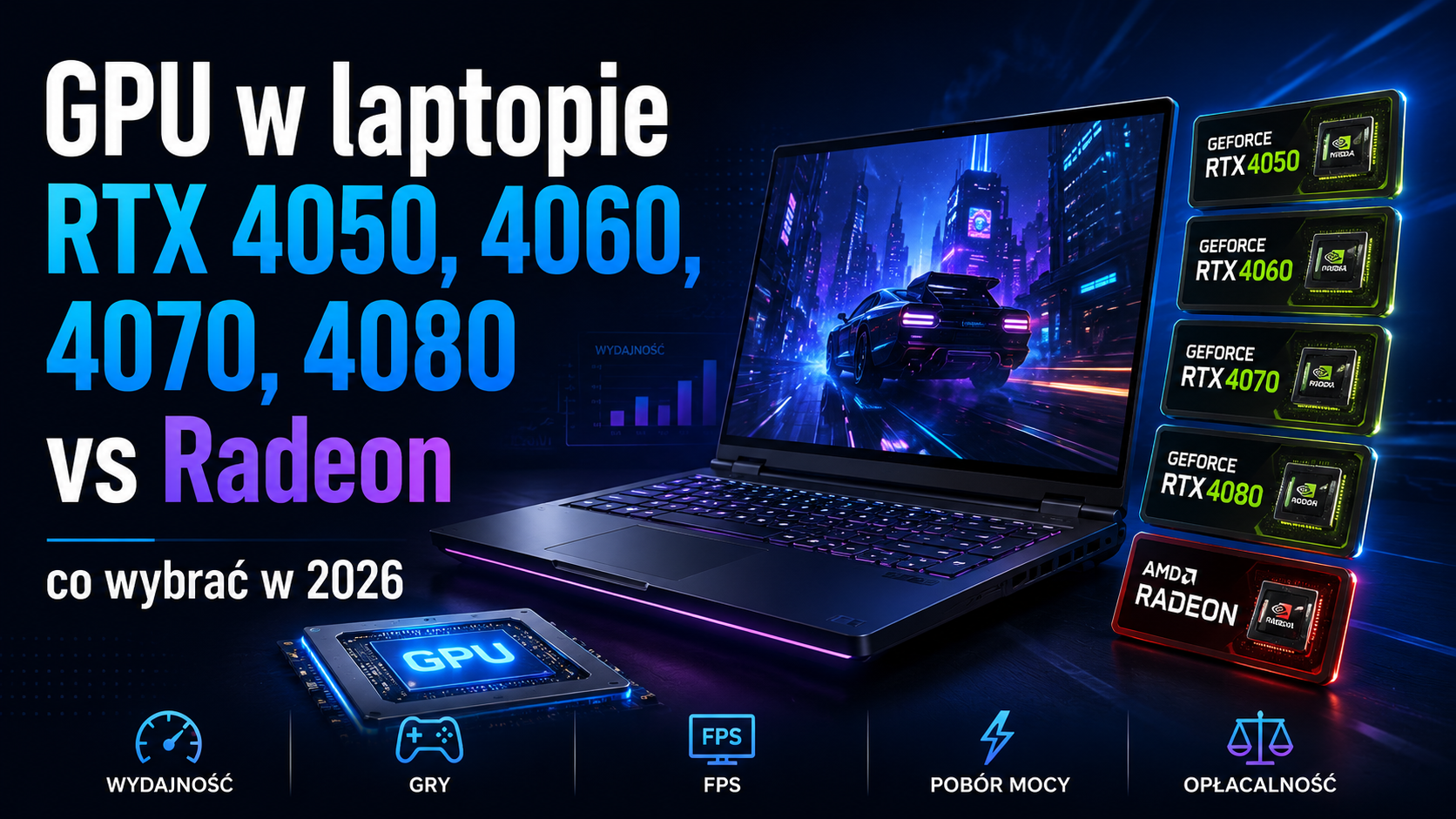 GPU w laptopie — RTX 4050, 4060, 4070, 4080 vs Radeon w 2026